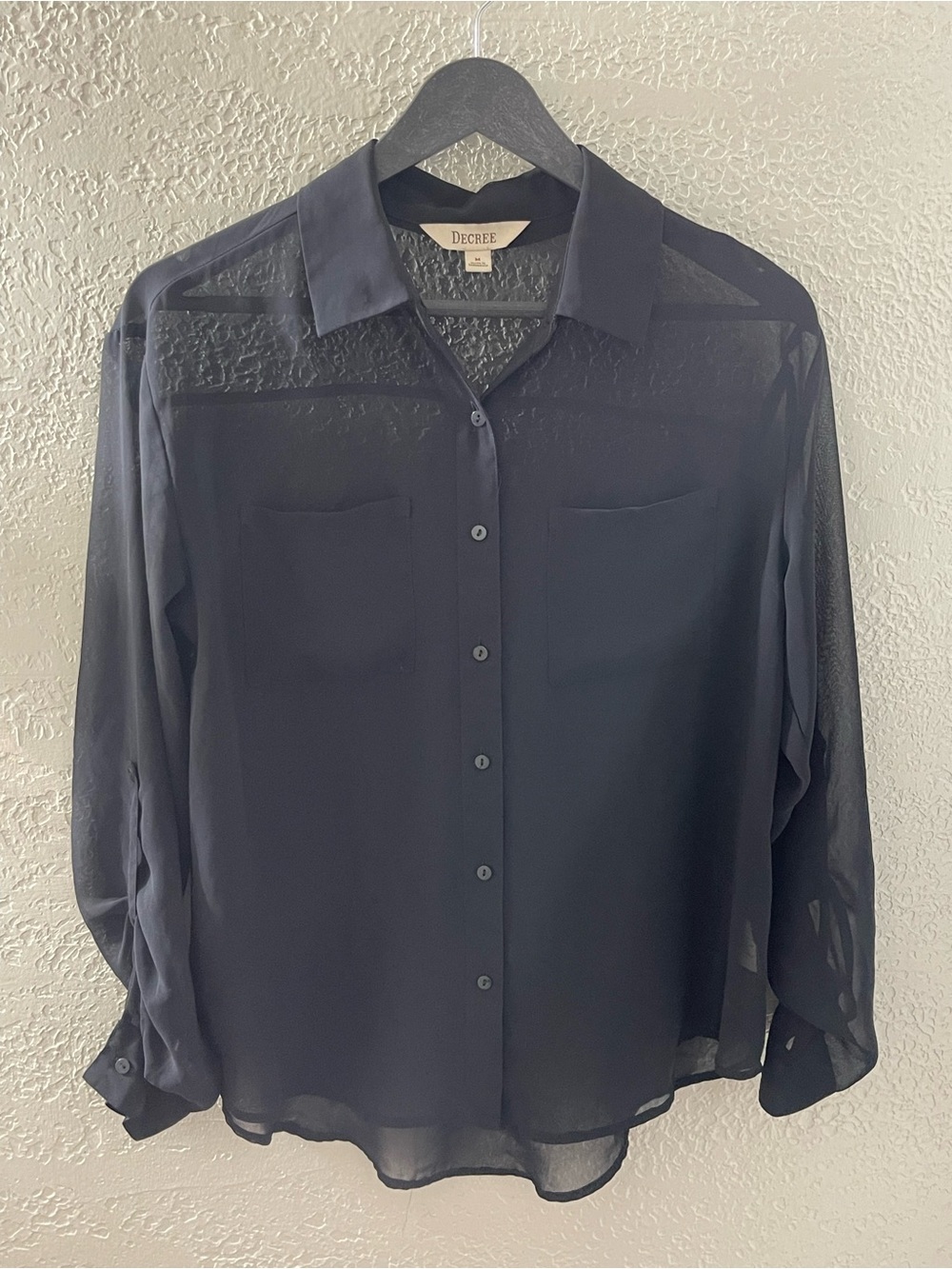 Y2K Decree Black Sheer Button-Down Blouse Size Medium Adjustable Sleeves
